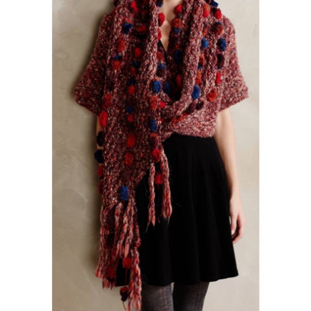 Handknit by Dollie Cropped Handknit Pom Wrap Cardigan Size XS/S ANTHROPOLOGIE